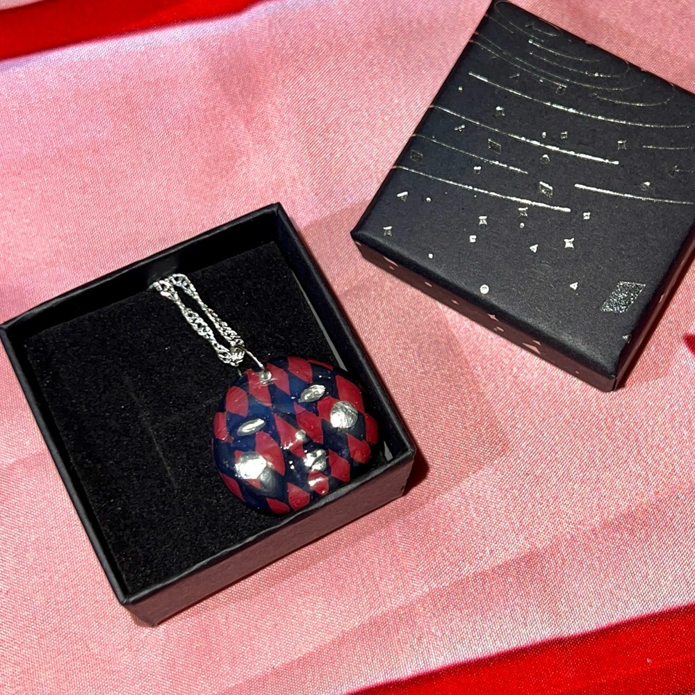 Harlequin Mask Hand Sculpted and Painted Polymer Clay Necklace 925 Silver Chain